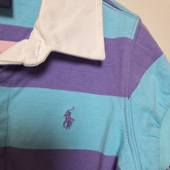 Ralph Lauren Girls' Blue & Purple Stripe Puff Sleeve Rugby Polo Shirt Small New - Picture 3 of 9